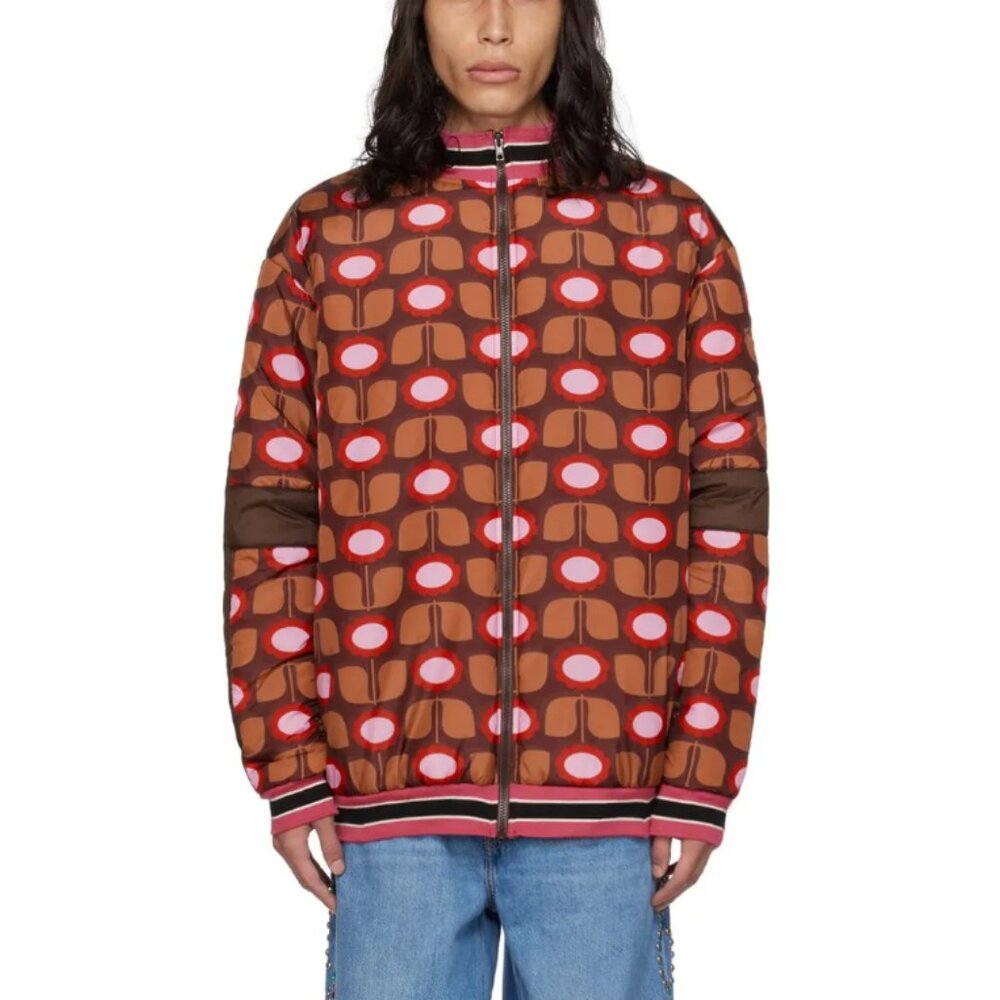 Anna Sui Women's Caramel Multi Full Zip Stand Up Collar Puffer Jacket Size S